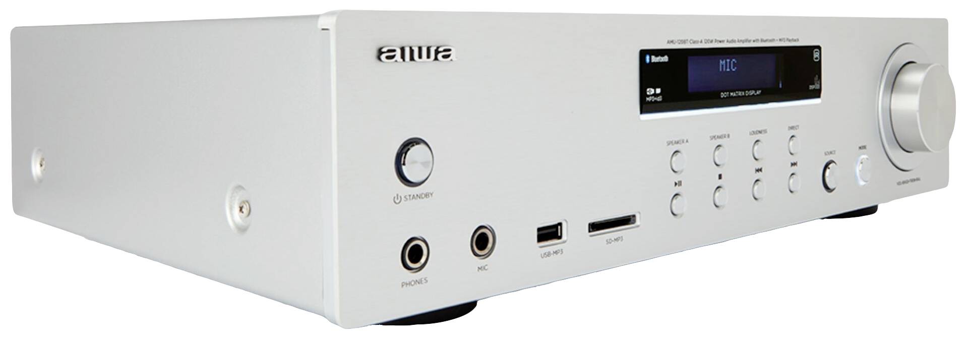 Lecteur audio argenté avec molette de réglage, écran et plusieurs ports de connexion sur la façade avant. Nom de la marque en haut à gauche.