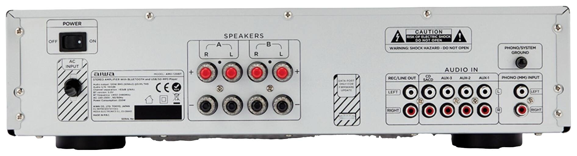 Face arrière d'un appareil audio avec plusieurs connecteurs pour enceintes et entrées audio, interrupteur d'alimentation, avertissements et point de mise à la terre.