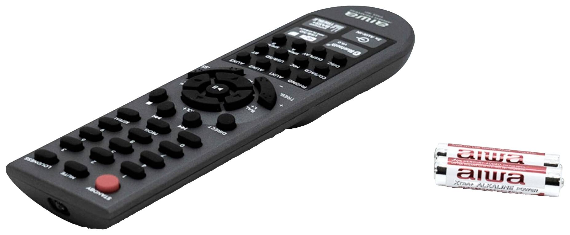 Une télécommande noire avec de nombreux boutons est posée à côté de deux piles AA.