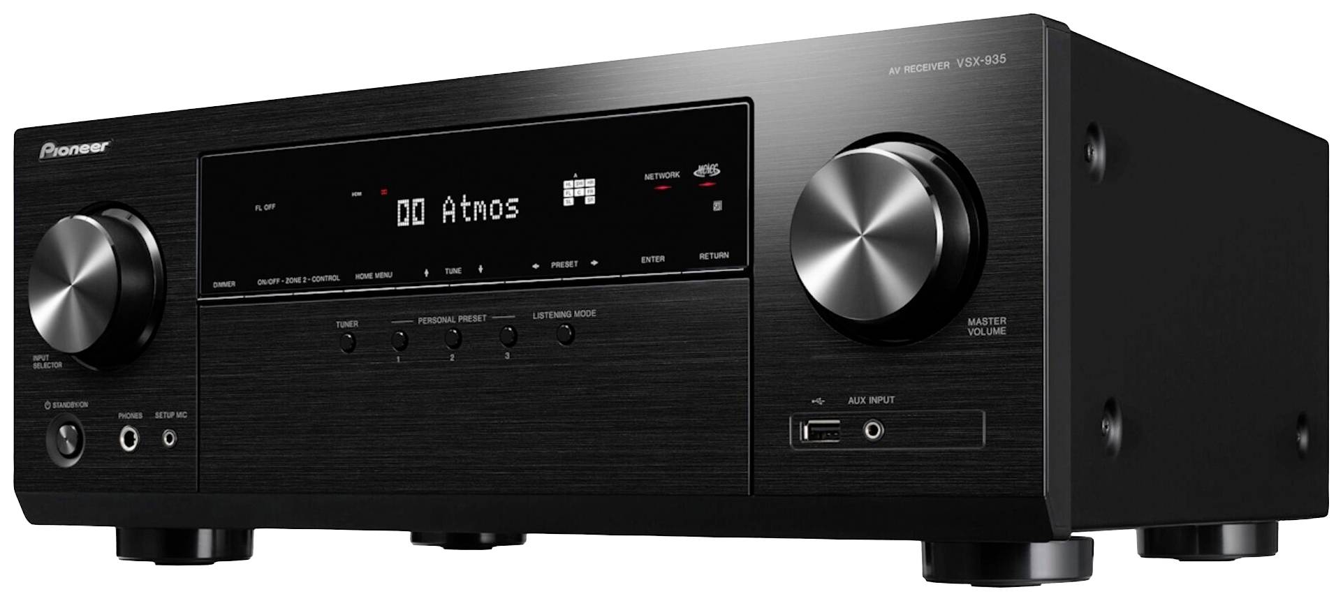 Récepteur home cinéma avec affichage indiquant 'Dolby Atmos'. Deux grands boutons rotatifs, plusieurs entrées à l'avant. Marque sur le côté gauche.