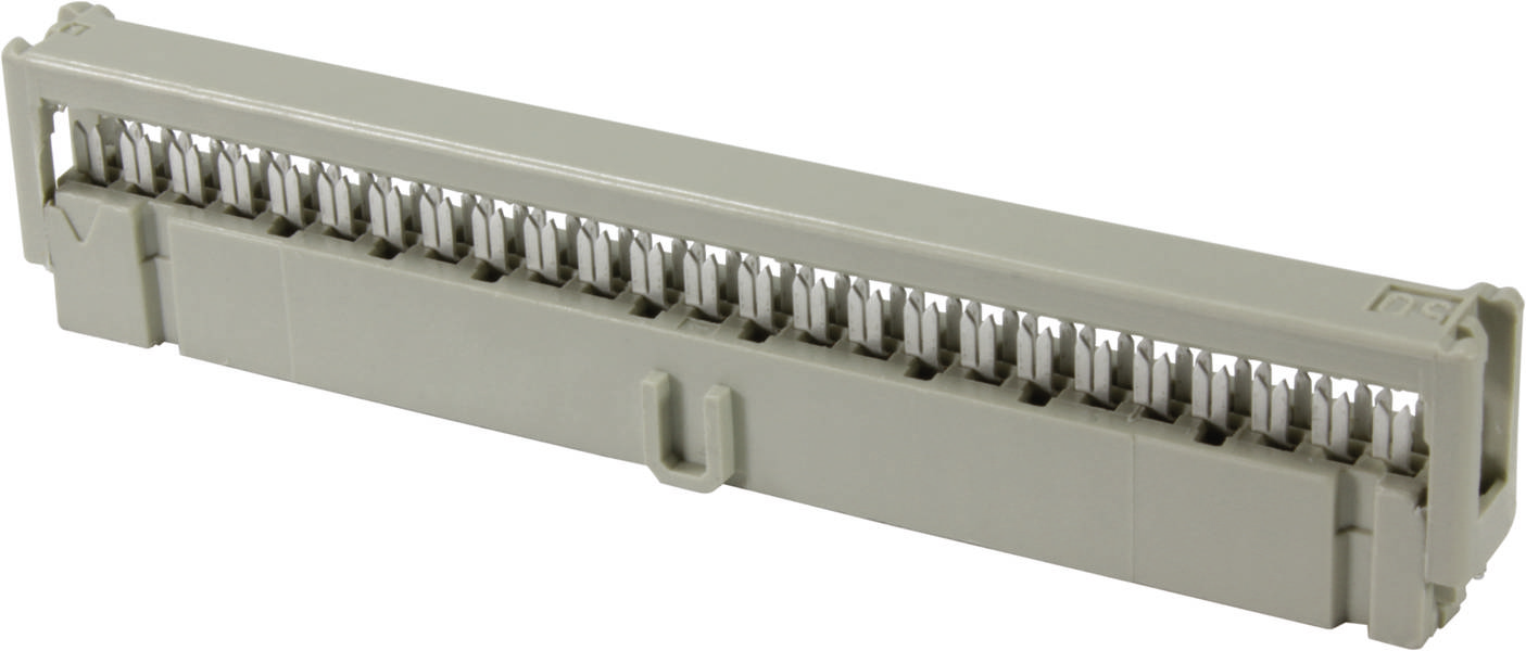 Connecteur électrique gris-blanc à broches multiples pour montage sur circuit imprimé.