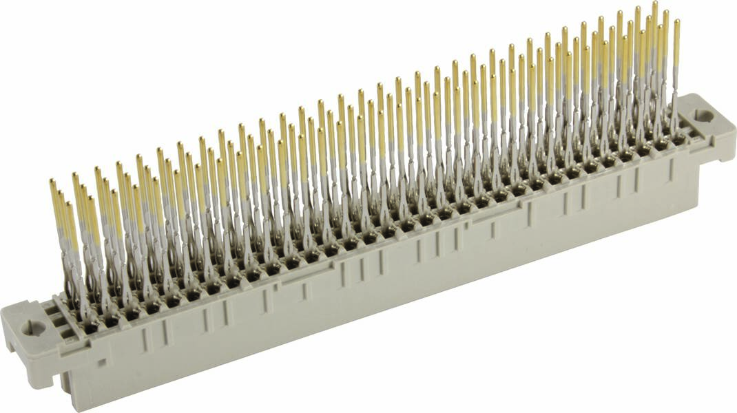 'Connecteur DIN 41612 avec de nombreuses broches dorées ; fréquemment utilisé dans des applications industrielles et pour les connexions de circuits imprimés.'