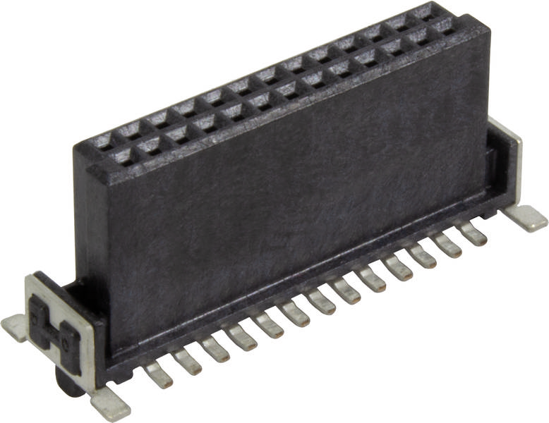 Un connecteur électrique noir de forme rectangulaire avec plusieurs broches de connexion dépassant en dessous.