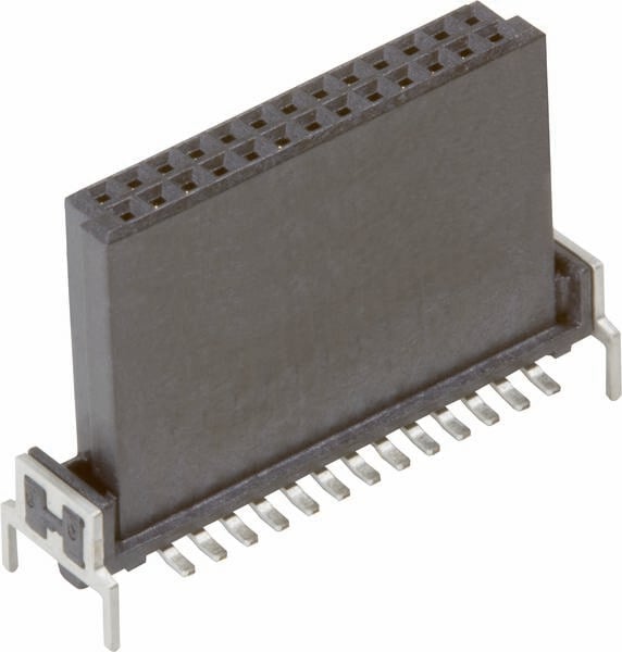 Un connecteur noir rectangulaire avec de nombreux contacts métalliques en dessous. Adapté pour les circuits électroniques.