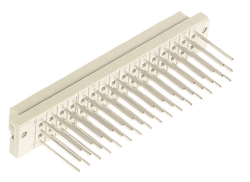 Un connecteur en plastique avec plusieurs broches métalliques alignées, adapté aux connexions électroniques.