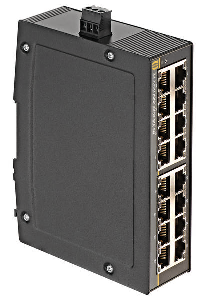 Un commutateur réseau avec plusieurs ports Ethernet, partiellement recouvert par un grand nombre flou '33' sur un fond noir.