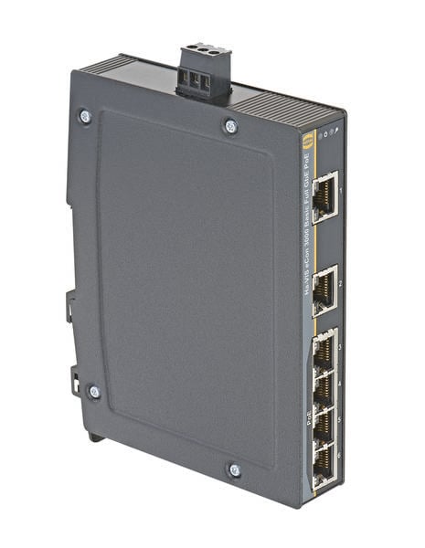 Un commutateur Ethernet industriel noir avec plusieurs ports Ethernet sur le côté, adapté à l'intégration réseau.