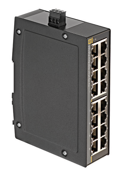 Commutateur Ethernet industriel avec boîtier robuste, ports étiquetés et connexions RJ45, adapté aux connexions réseau.