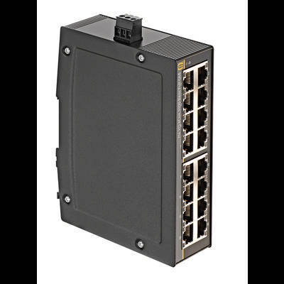 Commutateur Ethernet industriel avec boîtier robuste, ports étiquetés et connexions RJ45, adapté aux connexions réseau.