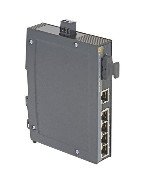Un commutateur réseau noir rectangulaire avec cinq ports Ethernet et un port USB sur le côté.