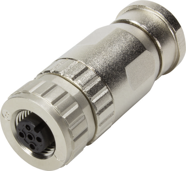Un connecteur métallique à broches multiples, adapté aux applications industrielles. Il est de forme cylindrique et robustement construit.