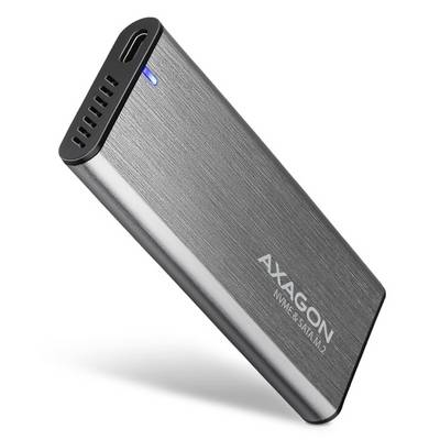 Un boîtier de disque dur rectangulaire argenté portant l'inscription 'AXAGON M.2 SATA' présente un design moderne avec un port USB-C.