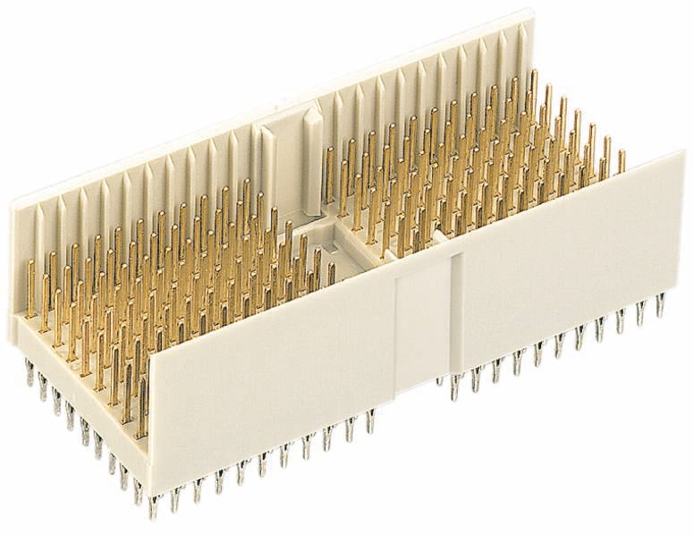 Un connecteur blanc avec de nombreuses broches dorées sur un boîtier rectangulaire, utilisé pour les connexions électroniques.