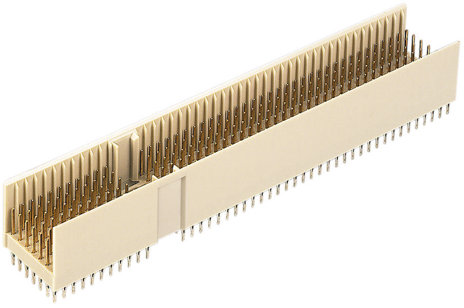 Connecteur rectangulaire beige avec de nombreuses broches métalliques disposées en rangée. Adapté pour les connexions électroniques.