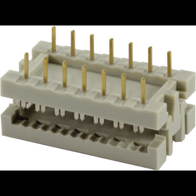 Connecteur gris à deux rangées verticales de broches dorées. Adapté pour les connexions électroniques ou le montage sur circuit imprimé.