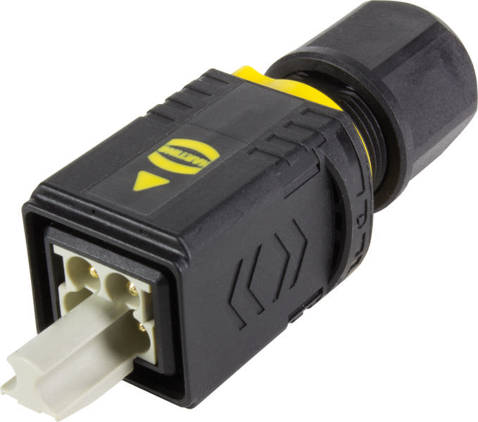 Connecteur noir et jaune avec raccordement à quatre pôles, de Harting, pour application industrielle.