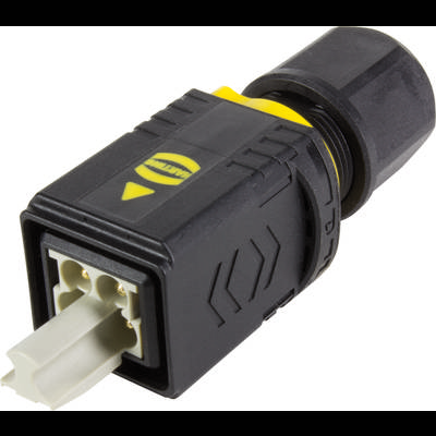 Connecteur noir et jaune avec raccordement à quatre pôles, de Harting, pour application industrielle.