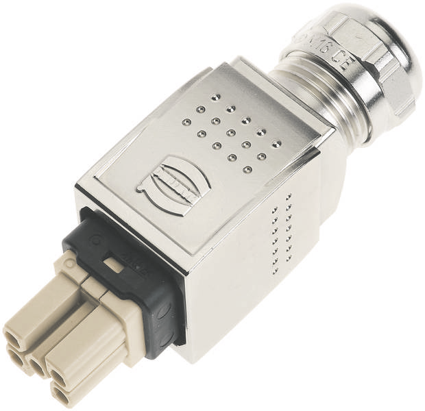 Connecteur métallique avec boîtier rectangulaire et deux ports de couleur beige, adapté aux applications industrielles.