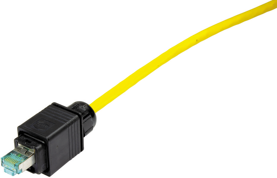 Un câble réseau jaune avec une fiche RJ-45 à une extrémité, couramment utilisé pour connecter des ordinateurs à des réseaux.
