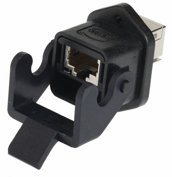 Connecteur USB industriel avec boîtier en plastique noir et protection rabattable, adapté aux connexions stables et sécurisées dans les machines.