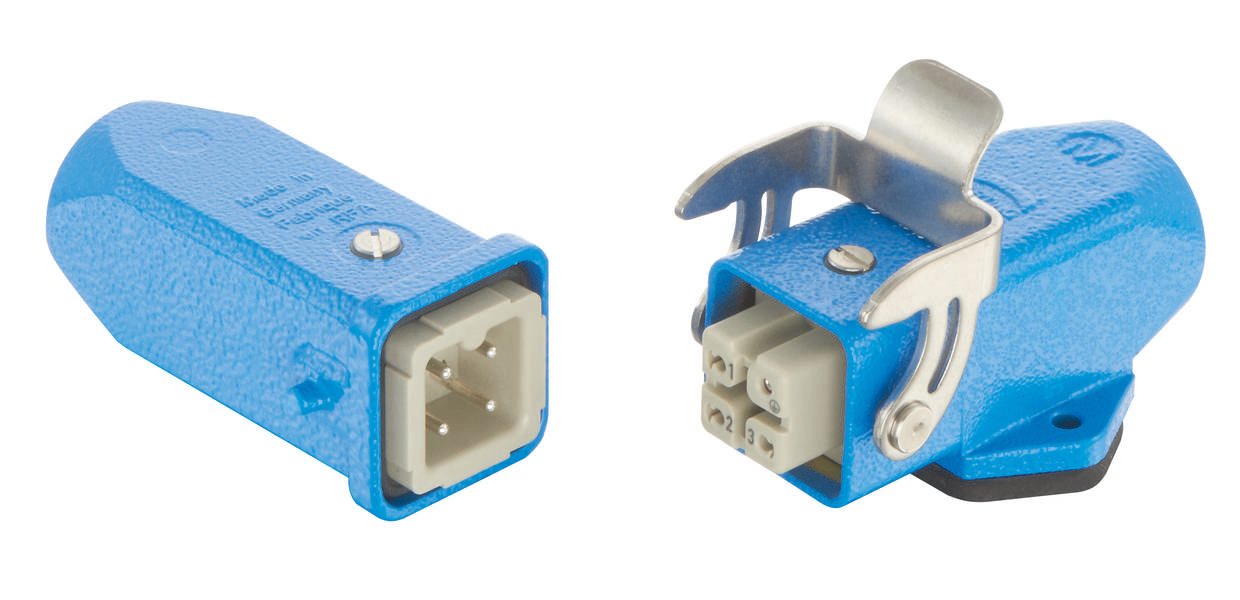 Connecteur électrique bleu avec couvercle amovible. À gauche : prise avec quatre points de connexion. À droite : fiche ouverte.