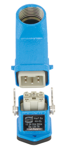 Un connecteur électrique bleu avec un filetage métallique en haut et quatre broches en bas. En dessous, une embase correspondante portant l'inscription 'Harting Han Ex'.