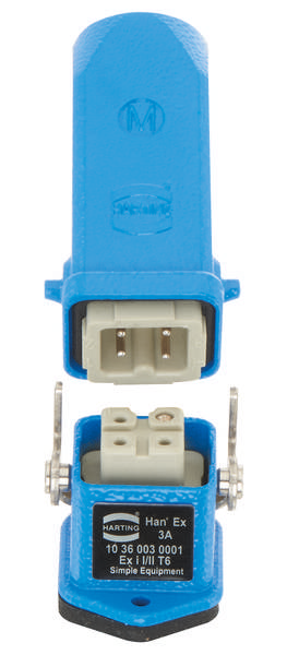 Un connecteur bleu Han Ex, composé d'une fiche et d'un couplage, présenté ouvert. Adapté aux zones à risque d'explosion.