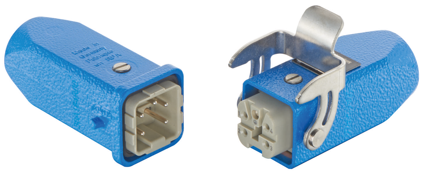 Deux fiches électriques bleues avec des pinces métalliques intégrées, l'une vue de face et l'autre vue de dos.