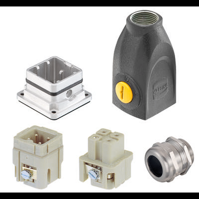 Plusieurs connecteurs industriels de formes et de matériaux différents, incluant des composants métalliques et plastiques.