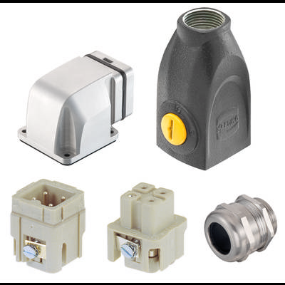 Différents connecteurs électriques et pièces de boîtier, comprenant un boîtier argenté et un boîtier noir, ainsi que deux dispositifs de connexion couleur crème.