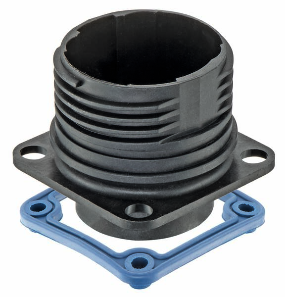 Une pièce cylindrique, cannelée, en métal ou en plastique avec bride et trous de fixation sur un fond noir.