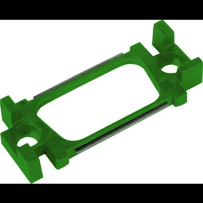 Cadre rectangulaire vert en plastique avec deux trous de fixation ronds et des coins surélevés. Utilisé dans des constructions mécaniques.