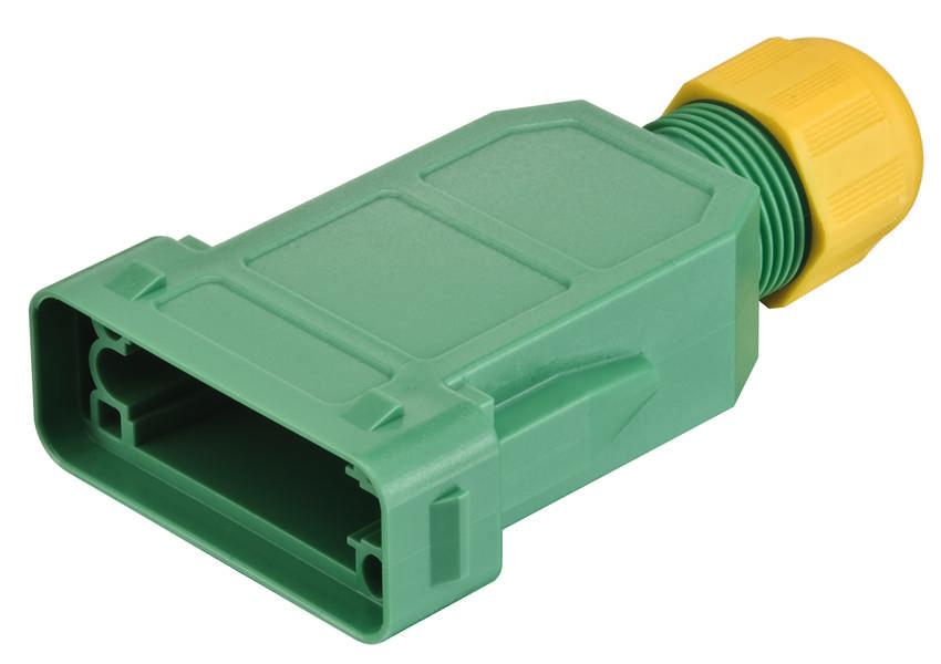 Connecteur en plastique vert avec capuchon jaune, de forme rectangulaire, adapté aux connexions électriques dans les applications industrielles.