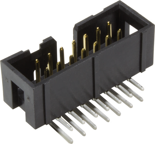 Connecteur électronique noir rectangulaire avec plusieurs broches dorées dépassant du boîtier noir en haut et des broches argentées en bas.