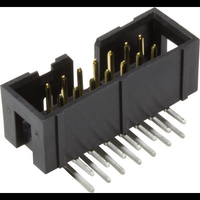 Connecteur électronique noir rectangulaire avec plusieurs broches dorées dépassant du boîtier noir en haut et des broches argentées en bas.