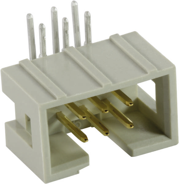 Un connecteur électrique rectangulaire gris avec plusieurs contacts dorés et des bornes argentées.