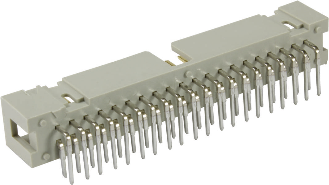Un connecteur gris en électrotechnique avec de nombreuses broches métalliques. Adapté pour les connexions de circuits imprimés dans les appareils électroniques.