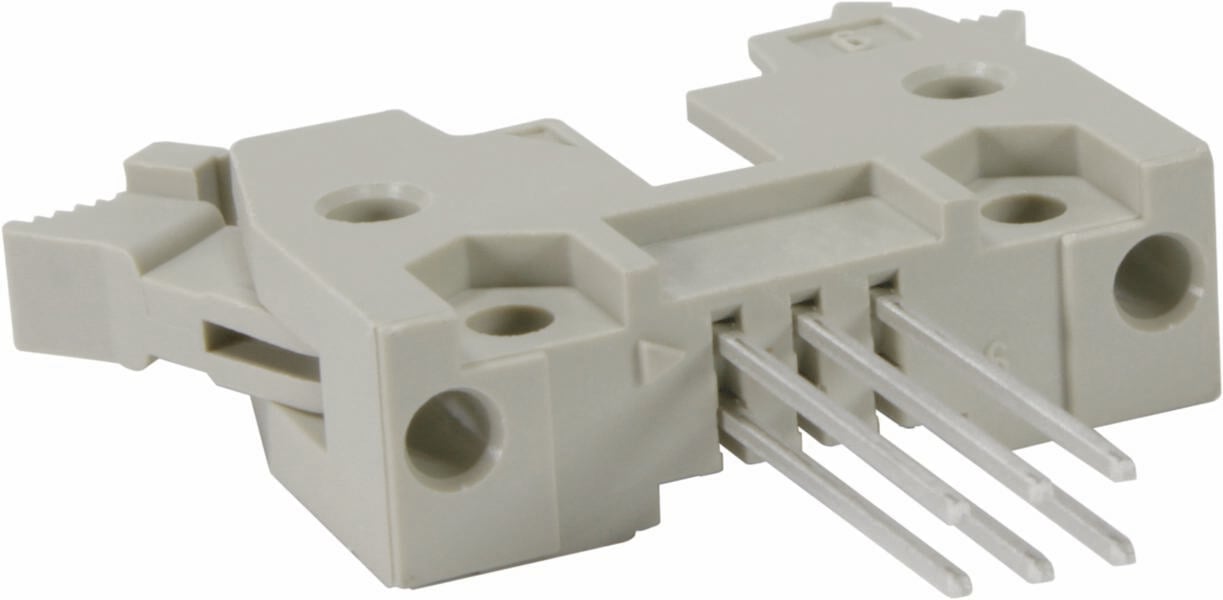 Un connecteur gris en plastique avec plusieurs broches métalliques, adapté pour les circuits électriques ou les appareils électroniques.