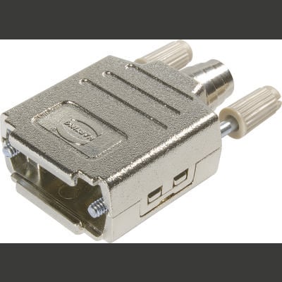 Adaptateur ou connecteur métallique avec deux bornes à vis et connexion de câble, adapté pour les technologies électriques ou audio.