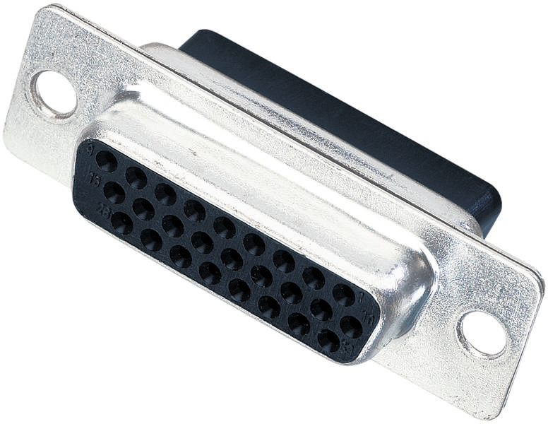 Un connecteur D-Sub à 25 broches dans un boîtier métallique rectangulaire, utilisé pour les connexions série et parallèle sur des appareils électroniques.
