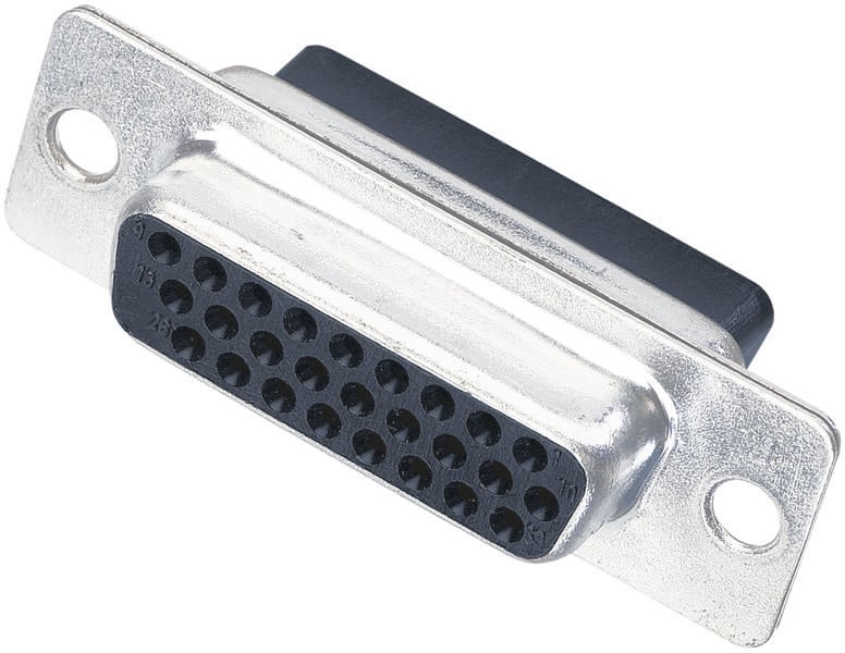 Un connecteur DB-25 femelle avec un boîtier argenté, typique des interfaces série et parallèle.
