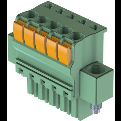 Connecteur électrique multibroche vert et orange ; utilisé pour les câblages et les circuits électroniques.