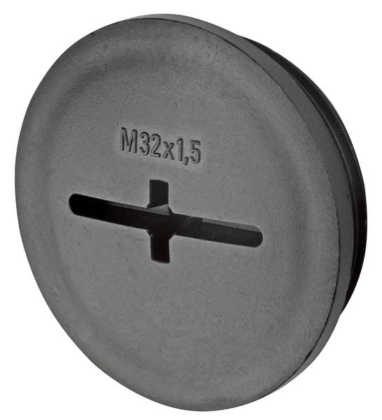 Bouchon en plastique rond portant la gravure 'M32x1,5'. Le bouchon présente une ouverture centrale en forme de croix et sert de fermeture pour les orifices filetés.