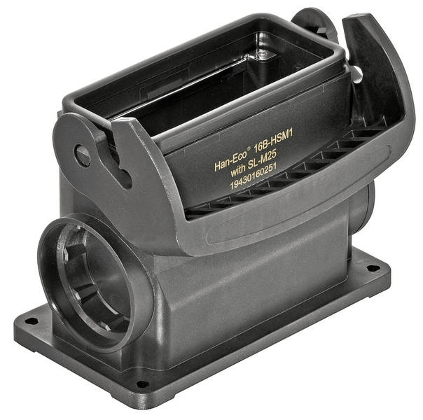 Un boîtier en plastique noir rectangulaire avec des ouvertures latérales et une poignée. Inscription : 'Han-Eco 16B-HSM1 with SLM25 19430160251'.