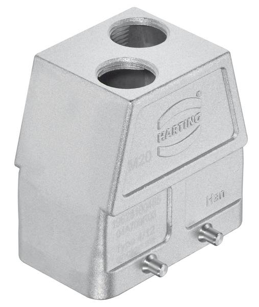 Boîtier de connecteur métallique avec deux ouvertures circulaires en haut et marquage latéral indiquant 'HARTING' et 'Han'.