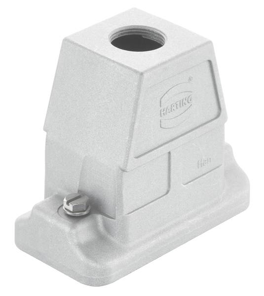 Boîtier métallique de forme carrée avec un trou rond en haut et un raccord fileté sur le côté. Marqué 'HARTING'.