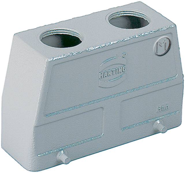 Boîtier de connecteur rectangulaire double en métal avec deux perçages en haut, nom de marque 'Harting' et gravure '22A1' visibles.