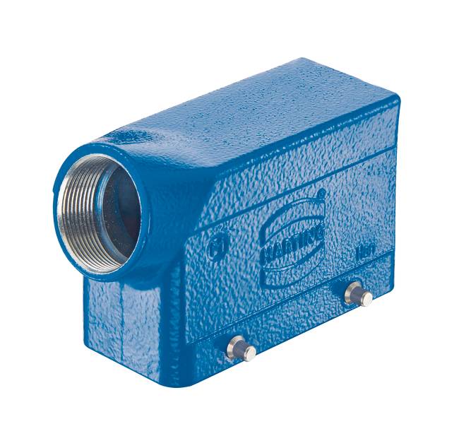 Boîtier bleu rectangulaire avec raccordement fileté métallique sur le côté. Il est probablement utilisé pour des applications électriques ou mécaniques.