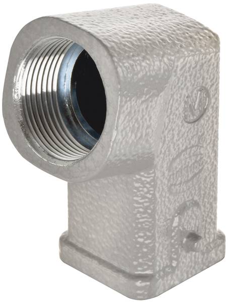 Un connecteur d'angle en métal gris avec un filetage, utilisé pour les installations de tuyauterie.
