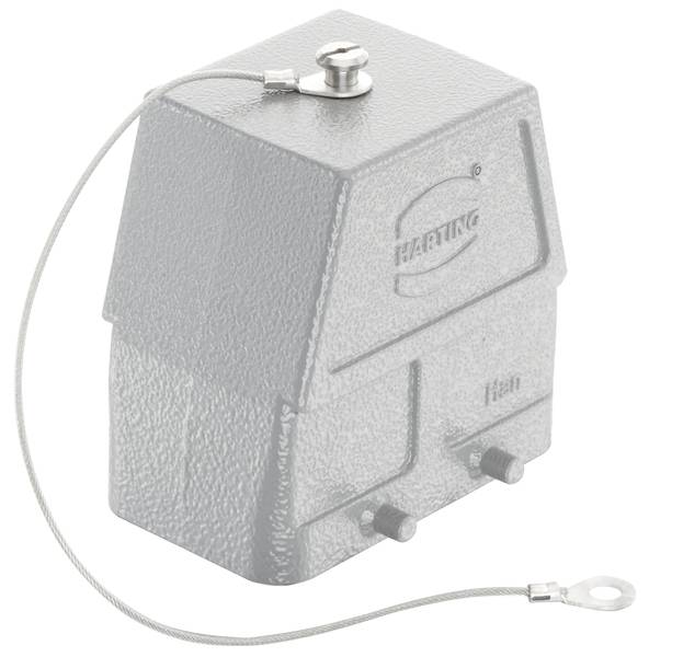 Boîtier gris avec logo Harting et couvercle de protection monté ; câble avec œillet de fixation.